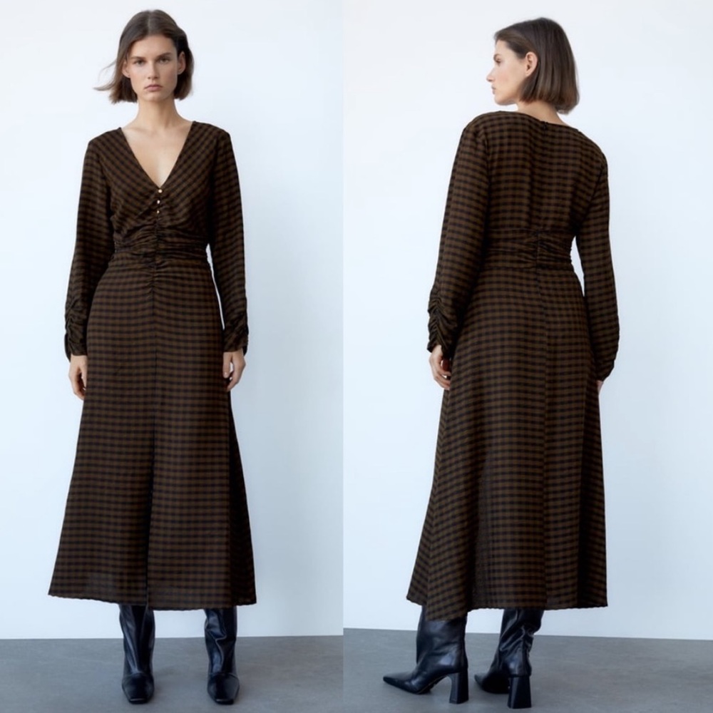 Zara draped plaid midi dress